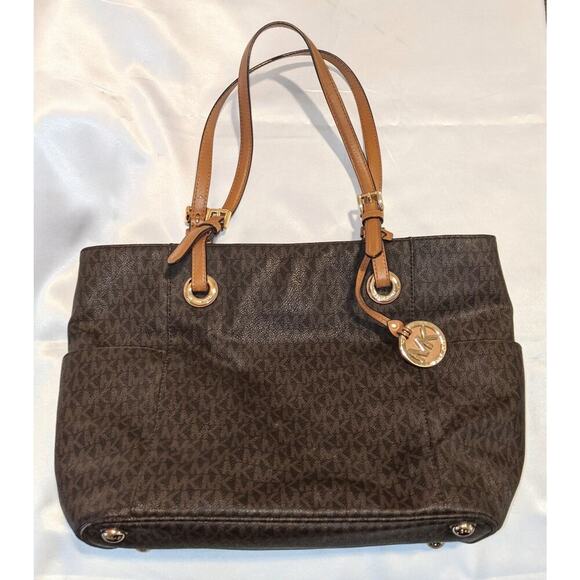 Michael Kors Signature Brown Coated Canvas Jet Set East West Tote Bag Purse - Picture 1 of 15